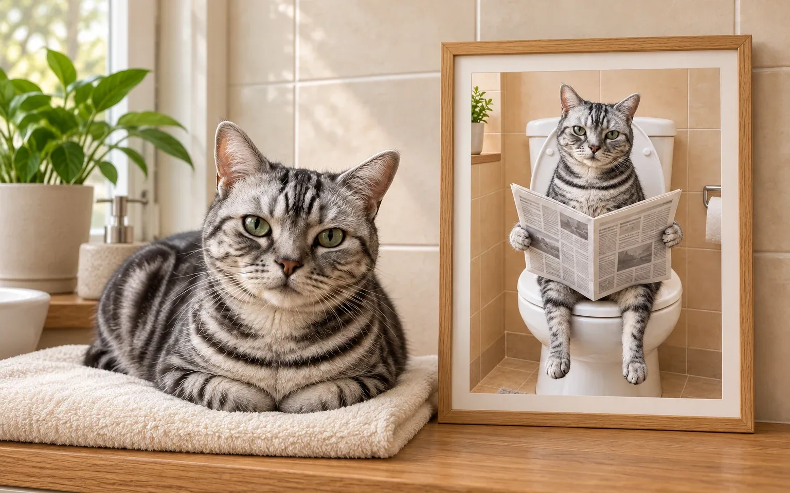 The same silver tabby american shorthair in a natural home pose beside its framed toilet newspaper cat portrait