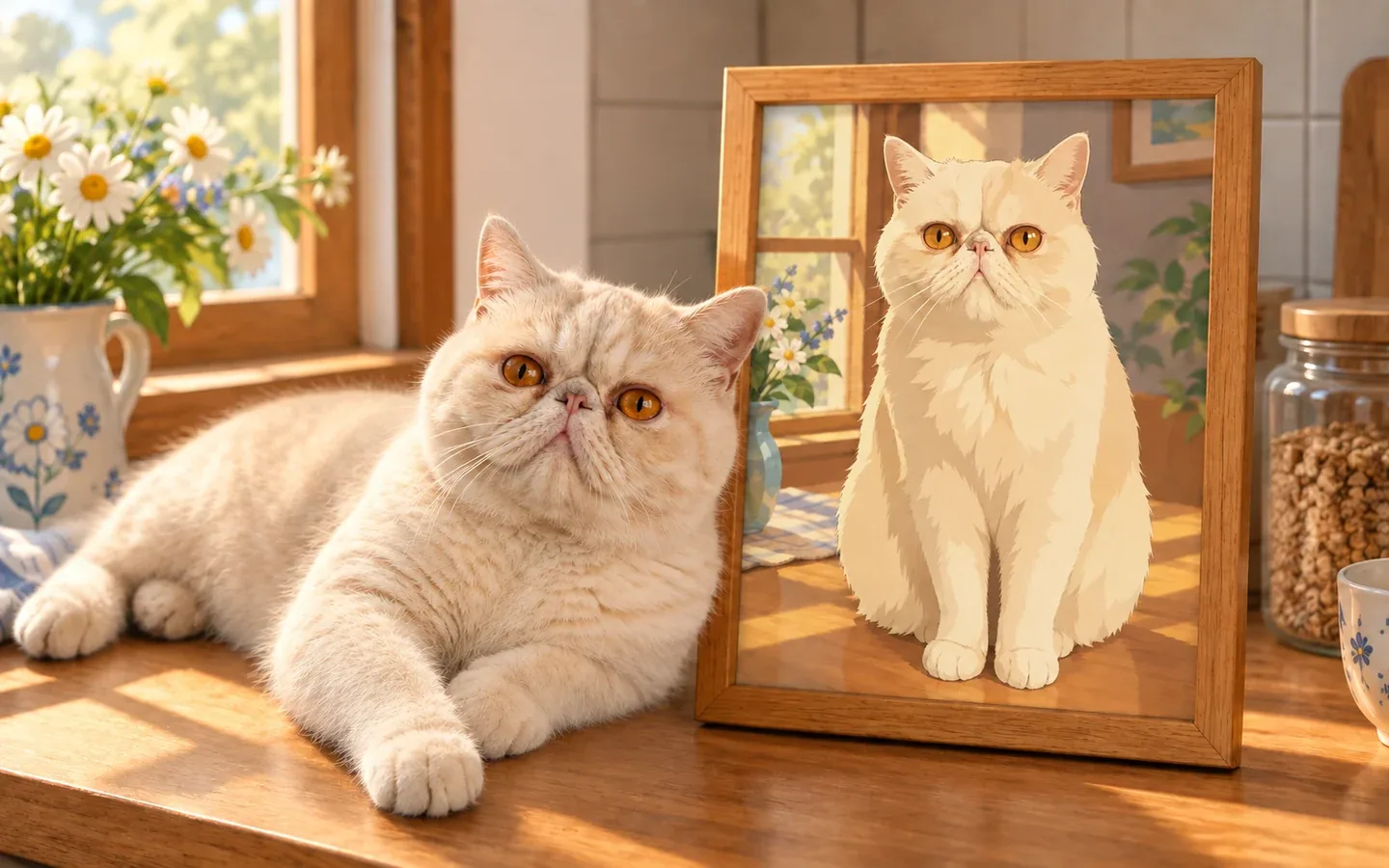 cream Exotic Shorthair cat beside its framed portrait in a home display