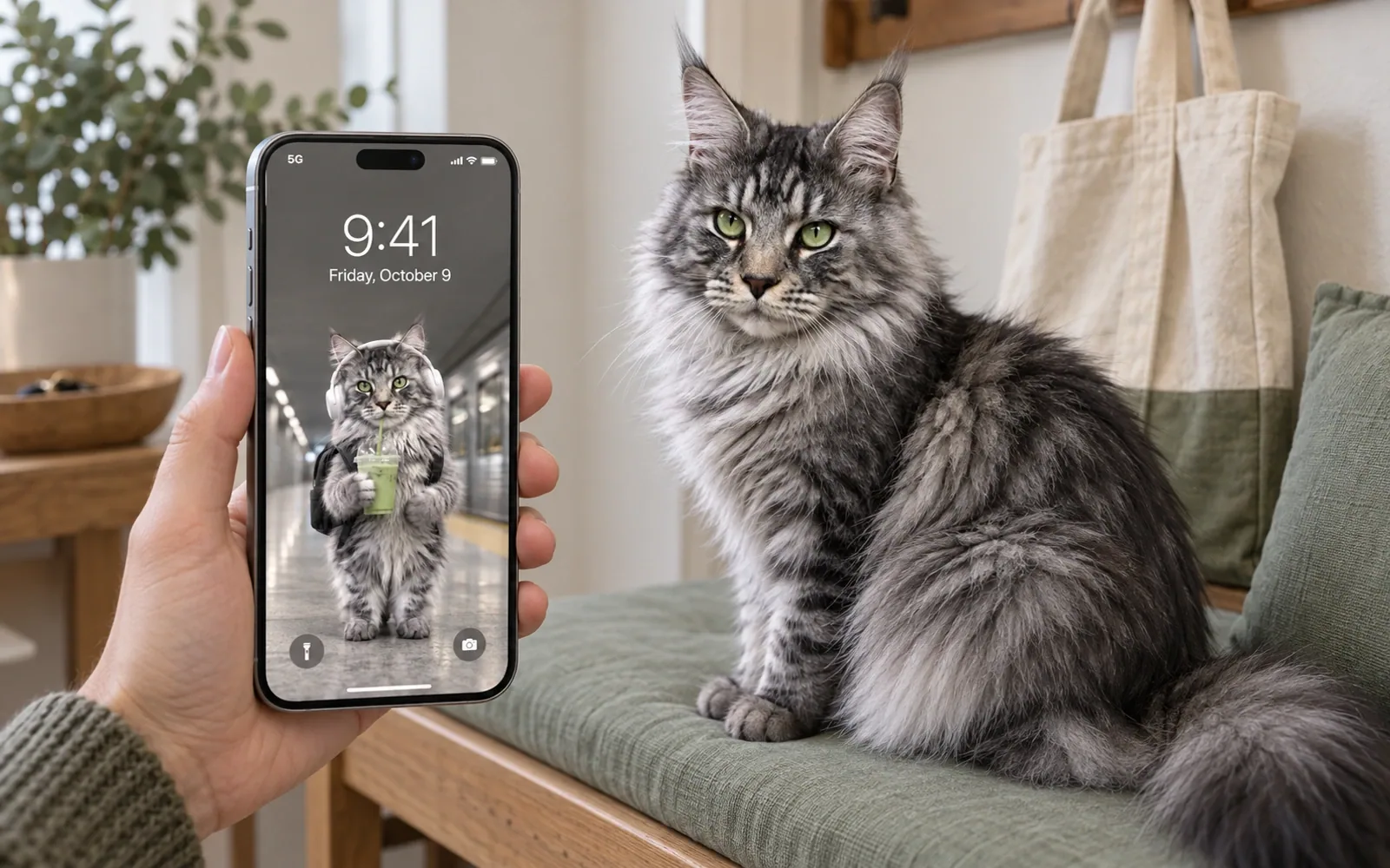 A hand-held iPhone displaying headphone commuter cat wallpaper beside the same real cat in a clean apartment entry bench with sage cushion and canvas tote in background