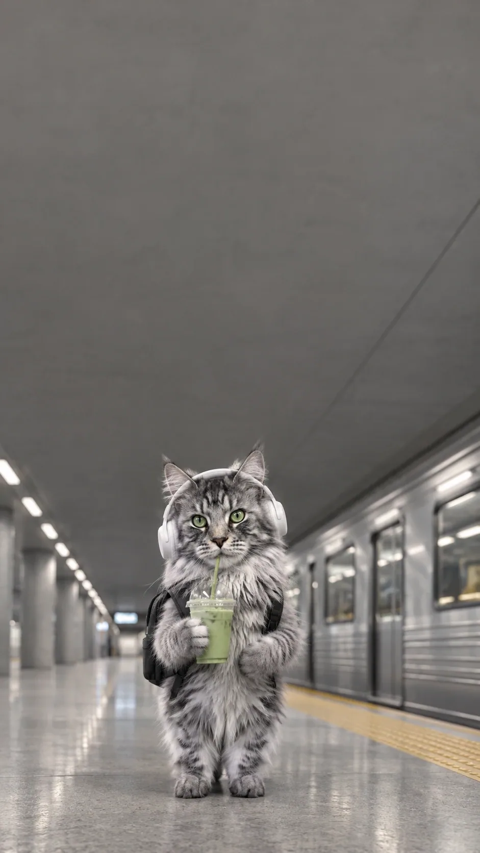 A tiny headphone-wearing cat waits for the train with a backpack and green drink. generated from the same cat photo