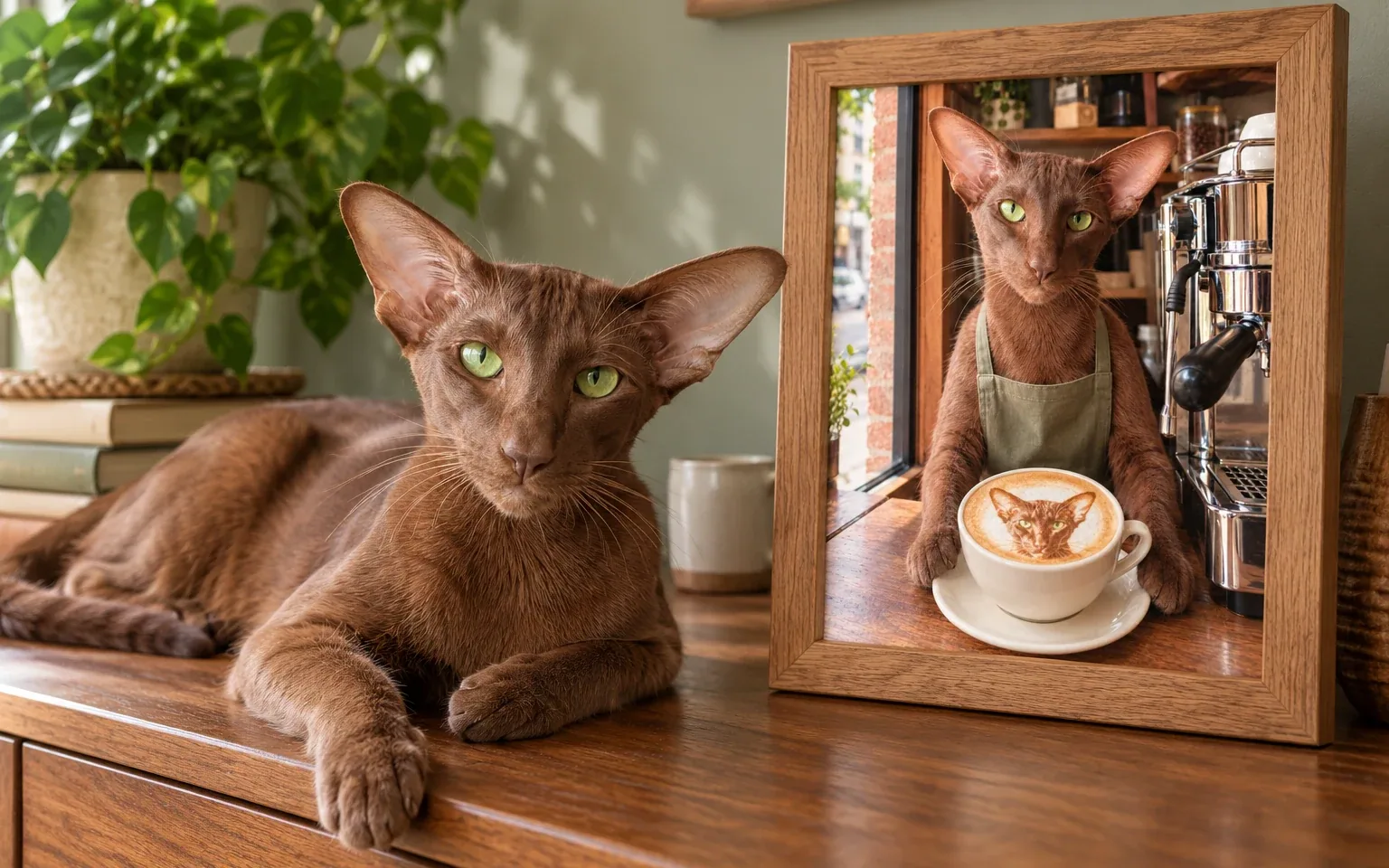The same cinnamon oriental shorthair in a natural home pose beside its framed barista latte cat portrait