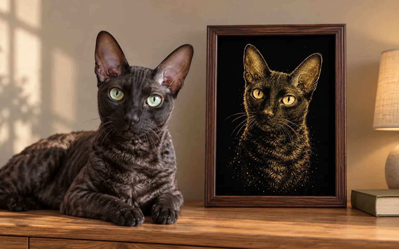 The same black-smoke cornish rex in a natural home pose beside its framed gold dust cat portrait