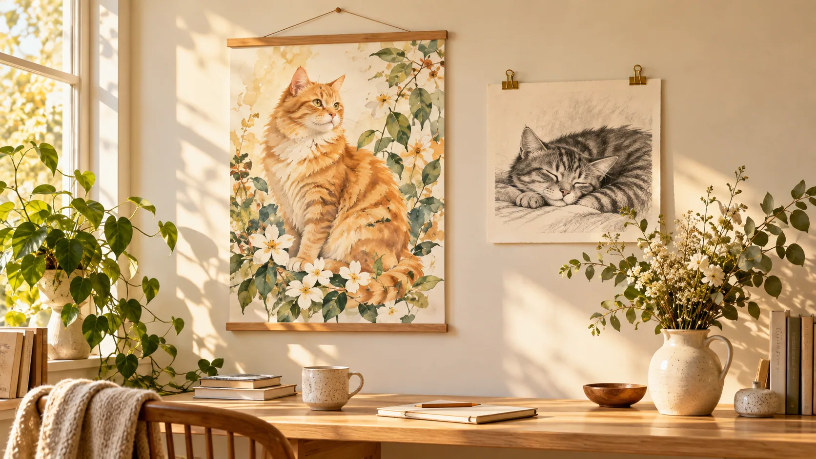 Display Art Without Frames: Choose by Paper and Mounting Method Beautiful cat prints displayed with wooden poster rails and brass clips