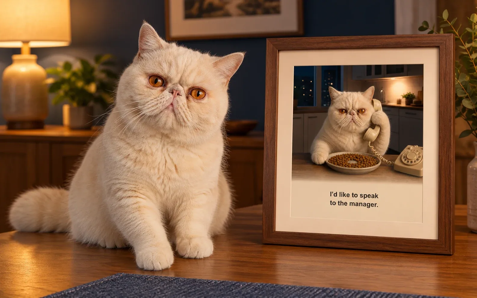 The same cream exotic shorthair in a natural home pose beside its framed empty bowl complaint cat portrait