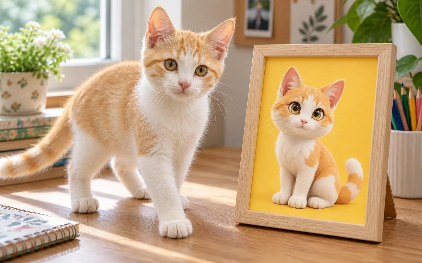 orange-and-white kitten beside its framed portrait in a home display