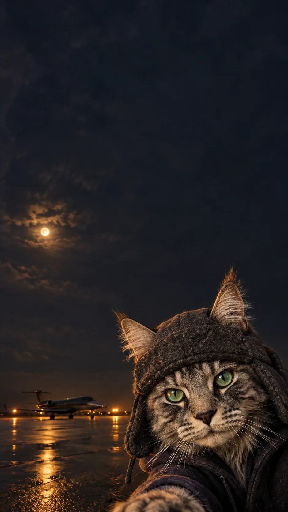 A cozy hooded cat takes a nighttime selfie beside a distant parked jet. of the same silver tabby maine coon