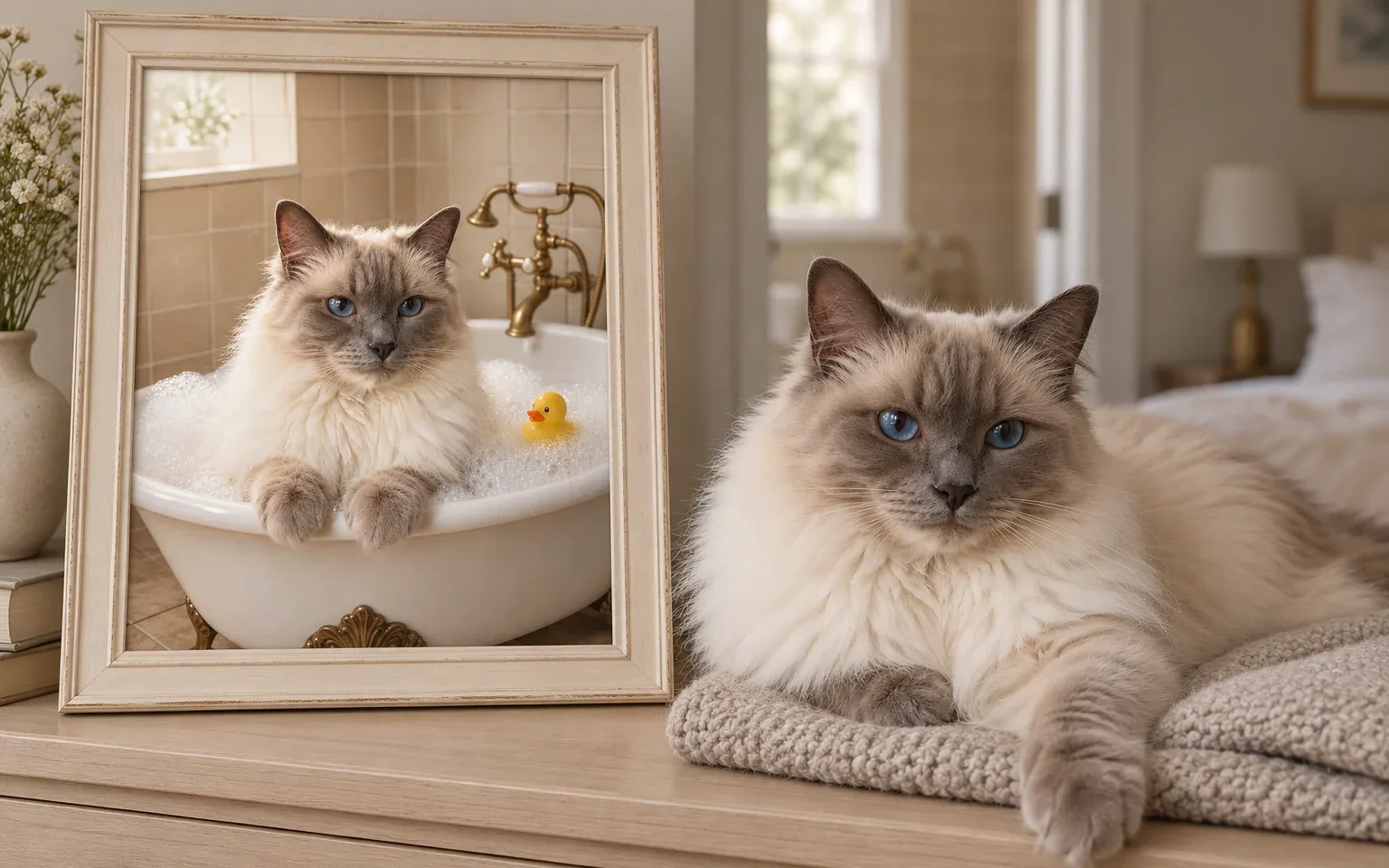 The same blue-point ragdoll in a natural home pose beside its framed bubble bath cat portrait