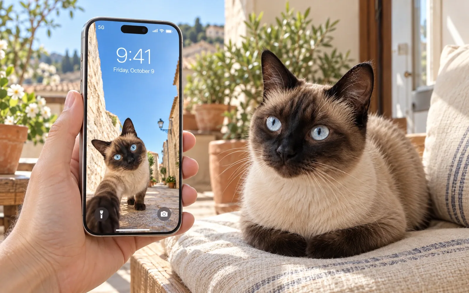 A hand-held iPhone displaying sunny alley selfie cat wallpaper beside the same real cat in an airy home balcony doorway with terracotta pots and cream cushions
