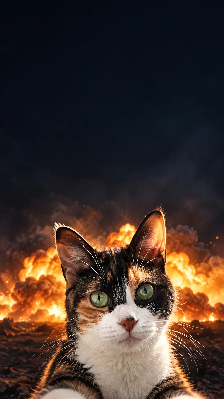 A deadpan cat selfie faces the camera while a cinematic fireball glows behind. of the same calico shorthair