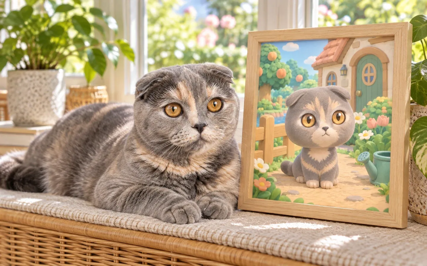 blue-cream Scottish Fold cat beside its framed portrait in a home display