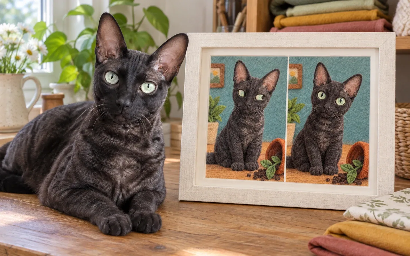 cornish Rex cat beside its framed portrait in a home display