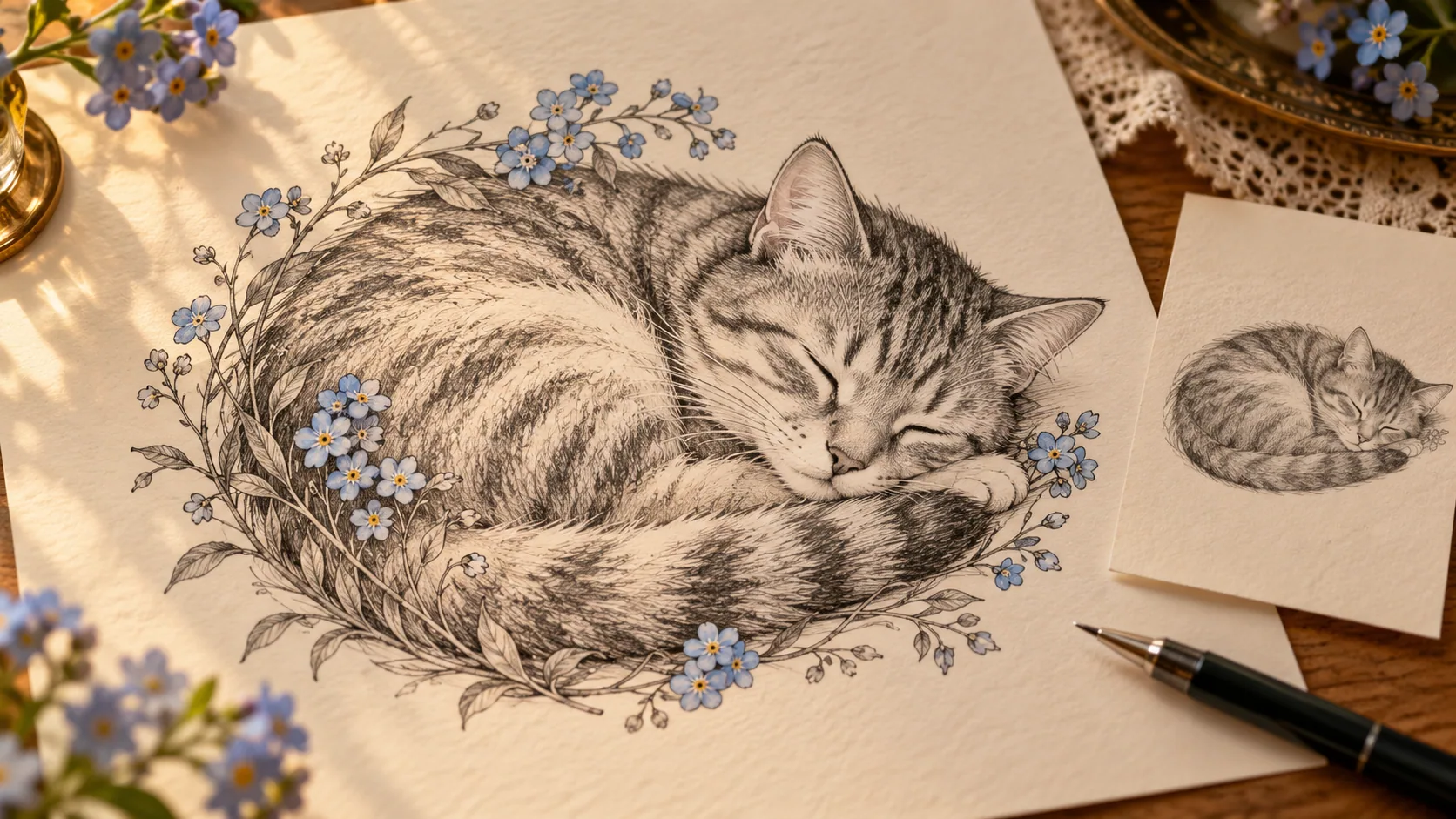 Cat Memorial Tattoo Ideas: Three Starting Shapes and an Artist Brief A sleeping tabby tattoo concept surrounded by delicate forget-me-not flowers