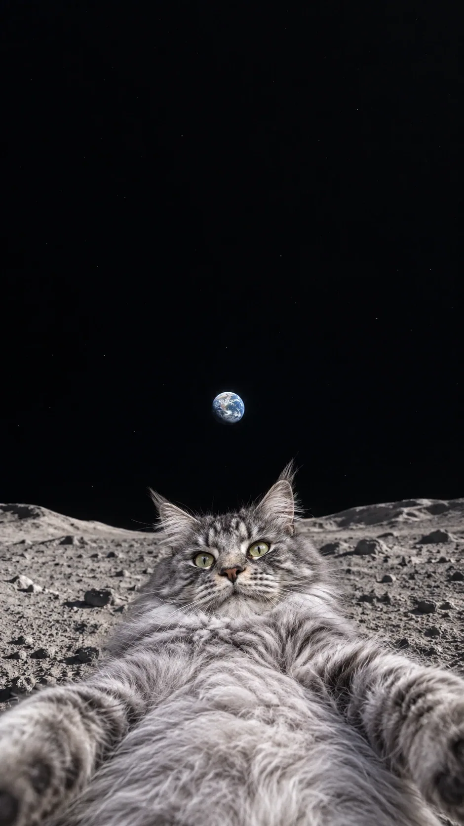 A wide-angle lunar selfie puts your cat’s round belly and outstretched paws front and center. generated from the same cat photo