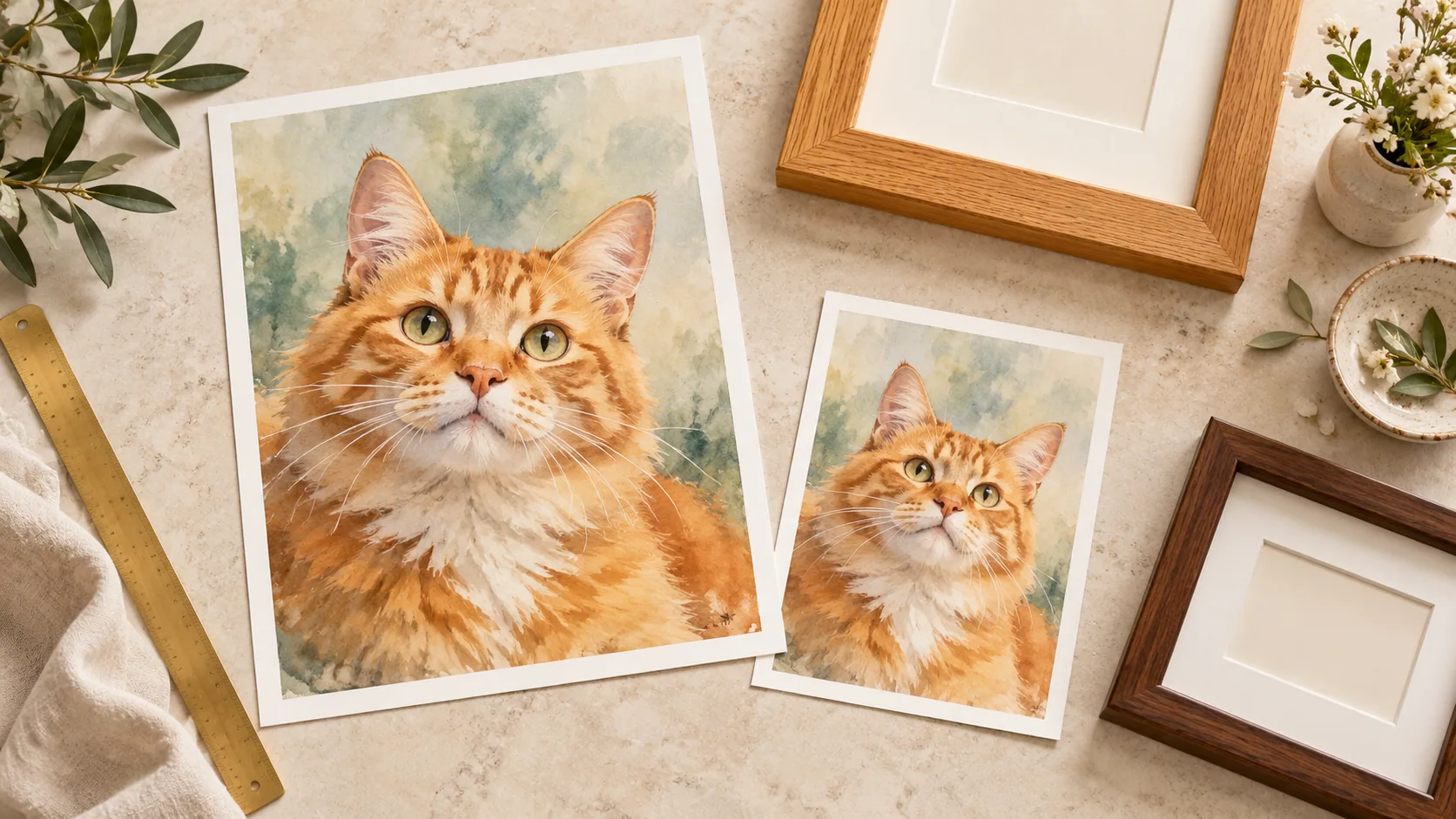 Two sizes of a ginger-cat art print arranged with wooden frames on a worktable