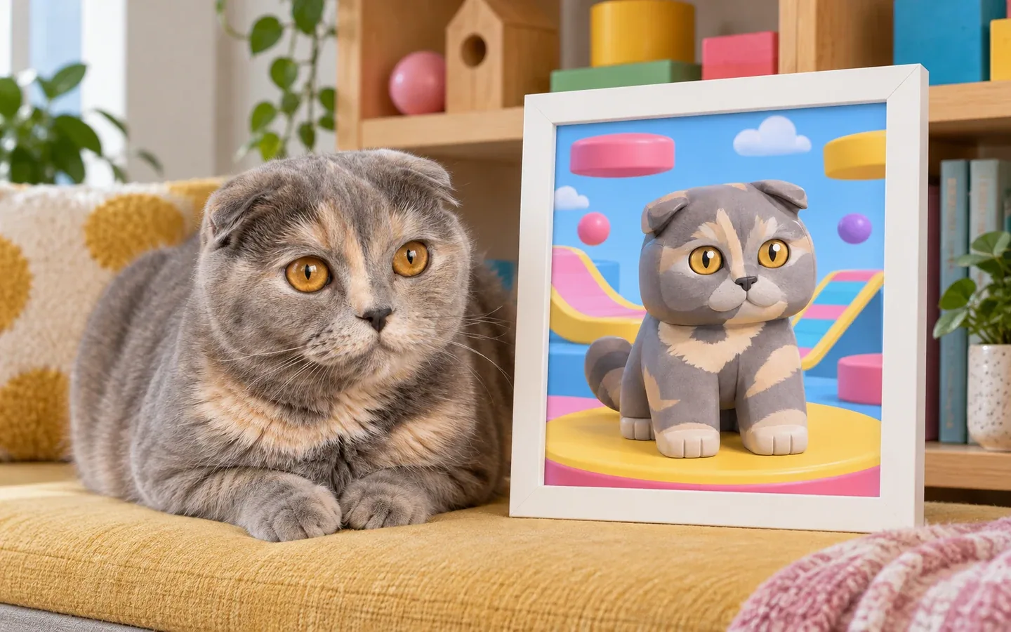 blue-cream Scottish Fold cat beside its framed portrait in a home display