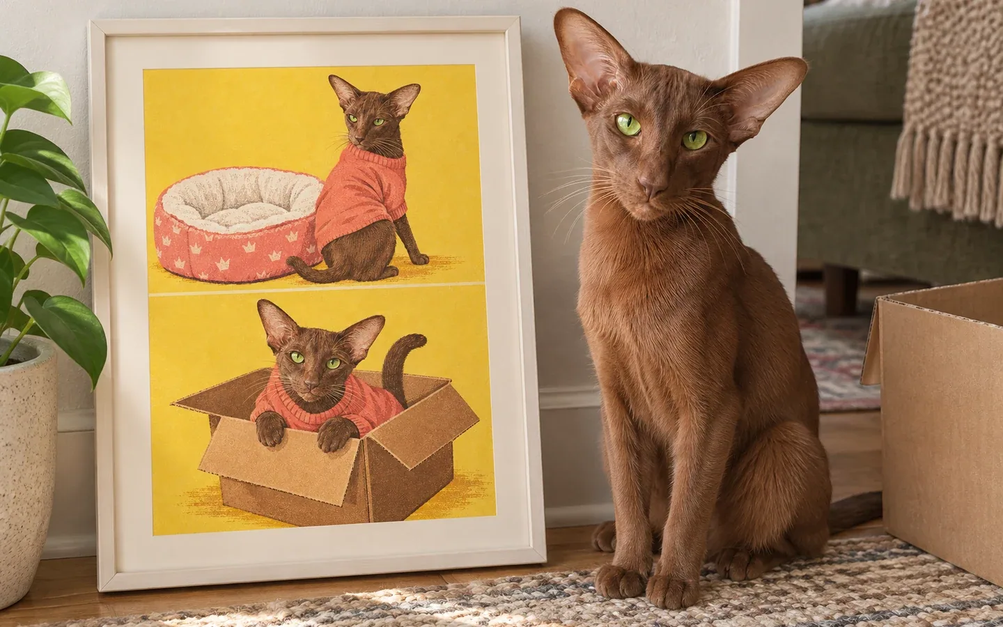 oriental Shorthair cat beside its framed portrait in a home display