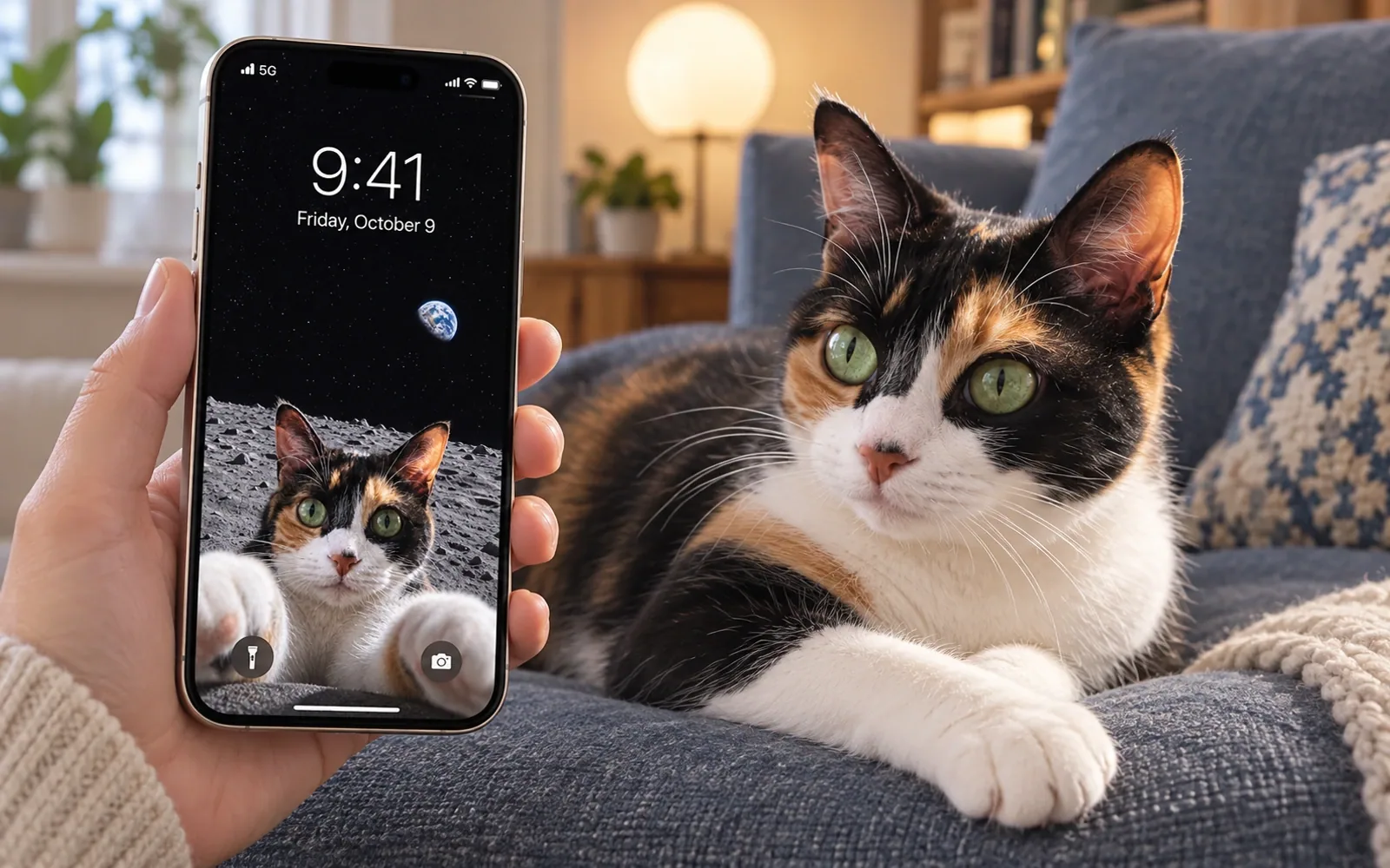 A hand-held iPhone displaying moon wide-eyed selfie cat wallpaper beside the same real cat in a softly lit living room with blue-gray sofa and round lamp