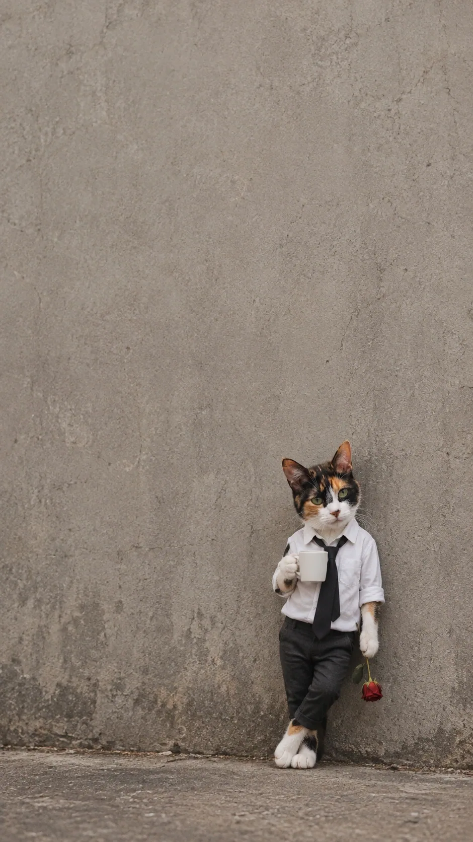 A tired cat in a loose tie holds coffee and a drooping rose beside a concrete wall. generated from the same cat photo