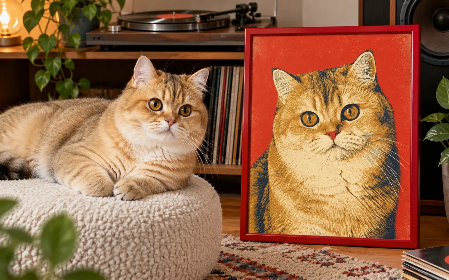 golden British Longhair cat beside its framed portrait in a home display