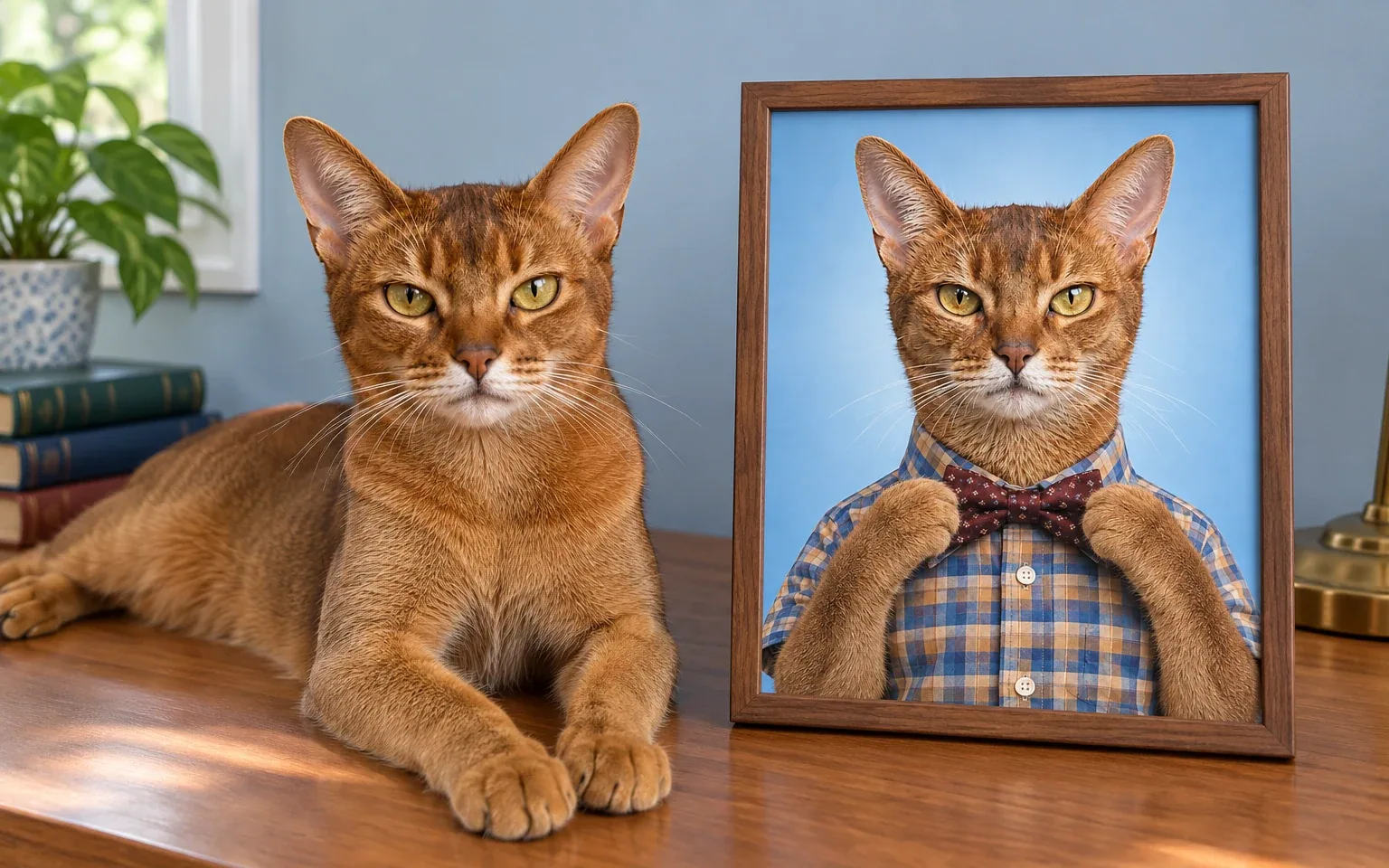 The same ruddy abyssinian in a natural home pose beside its framed young genius poster cat portrait