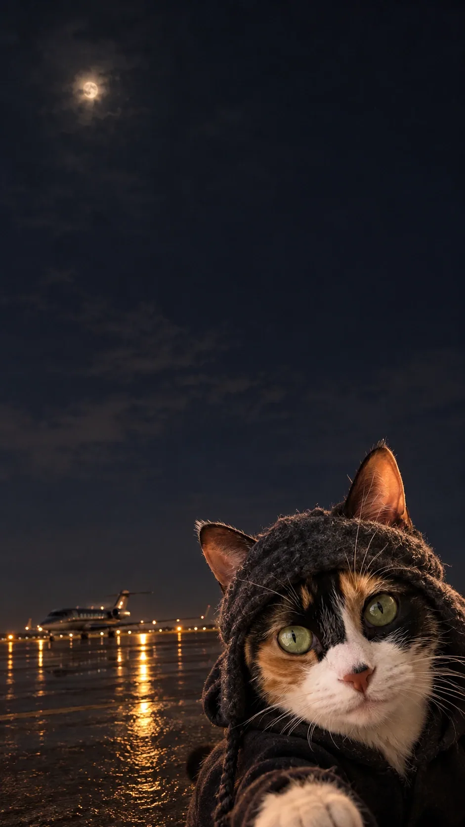 A cozy hooded cat takes a nighttime selfie beside a distant parked jet. generated from the same cat photo