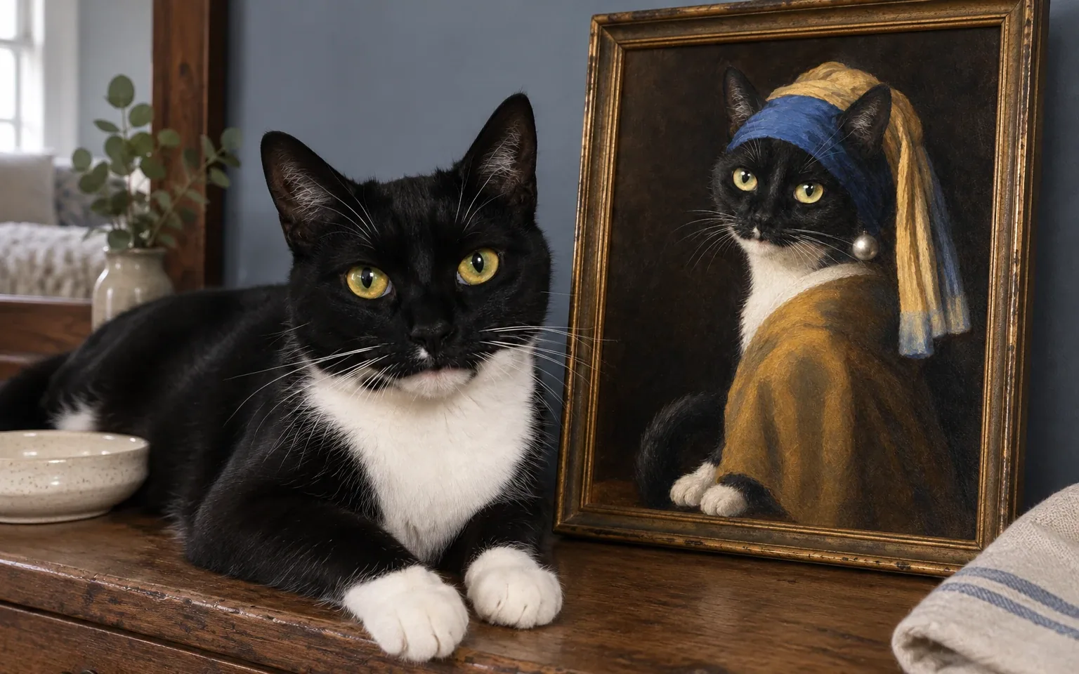 black-and-white tuxedo cat beside its framed portrait in a home display