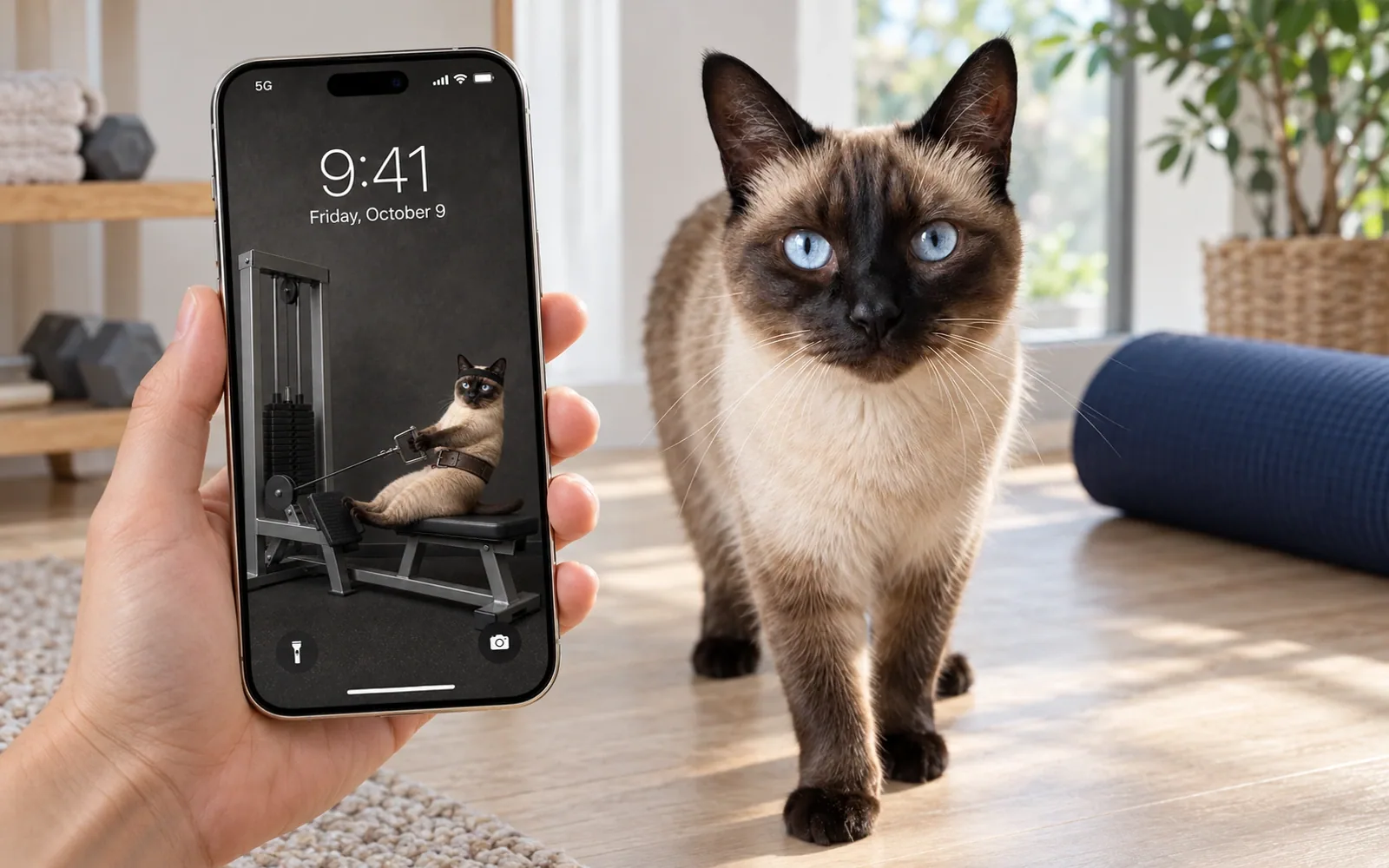 A hand-held iPhone displaying cable row gym cat wallpaper beside the same real cat in a bright apartment stretching area with a rolled navy yoga mat and pale wood floor