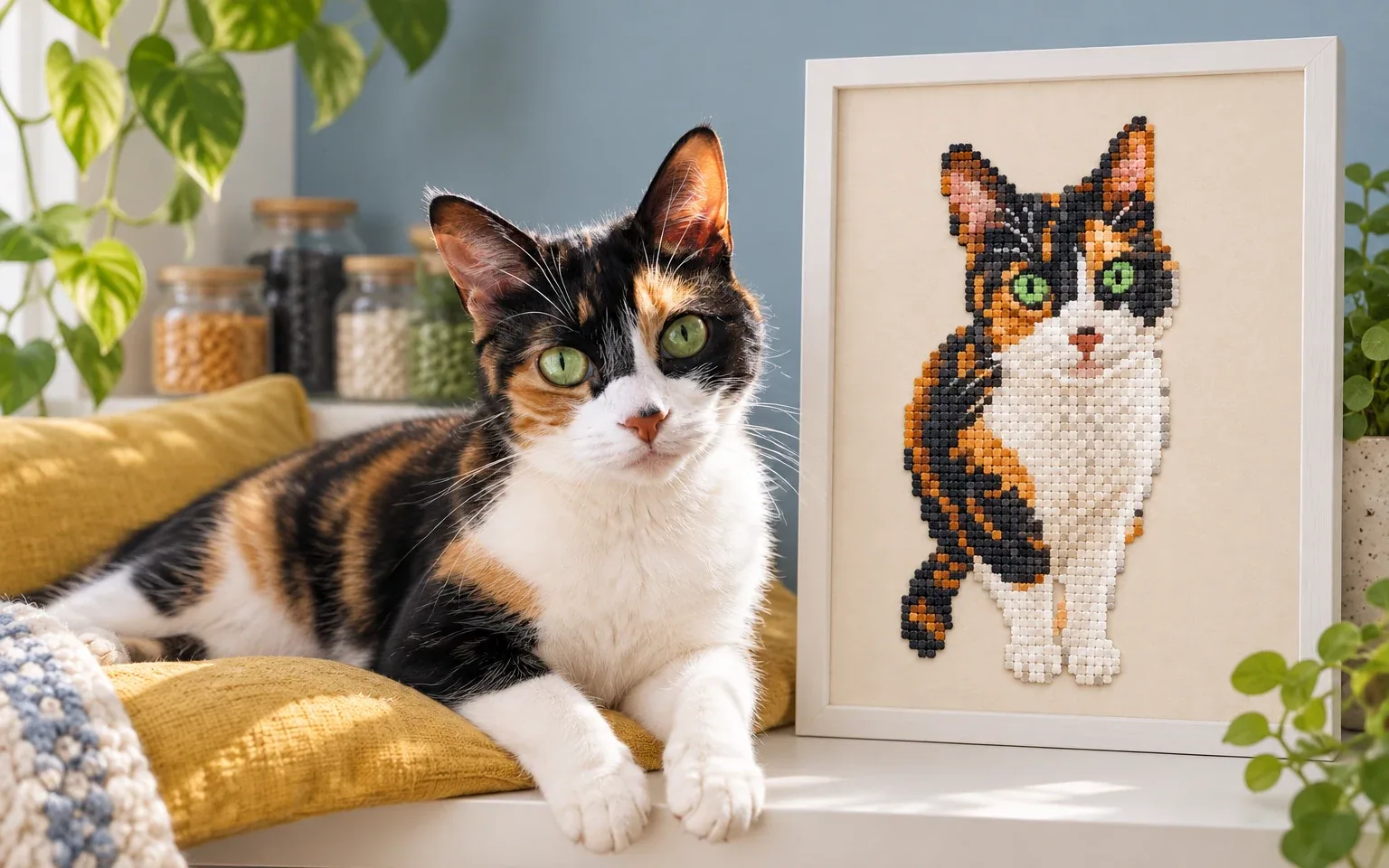 The same calico shorthair in a natural home pose beside its framed fuse bead digital portrait