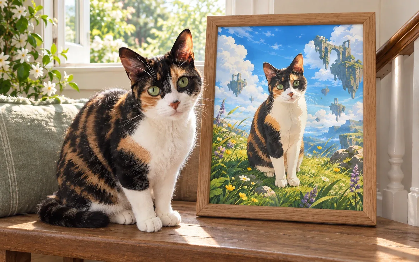 calico shorthair cat beside its framed portrait in a home display