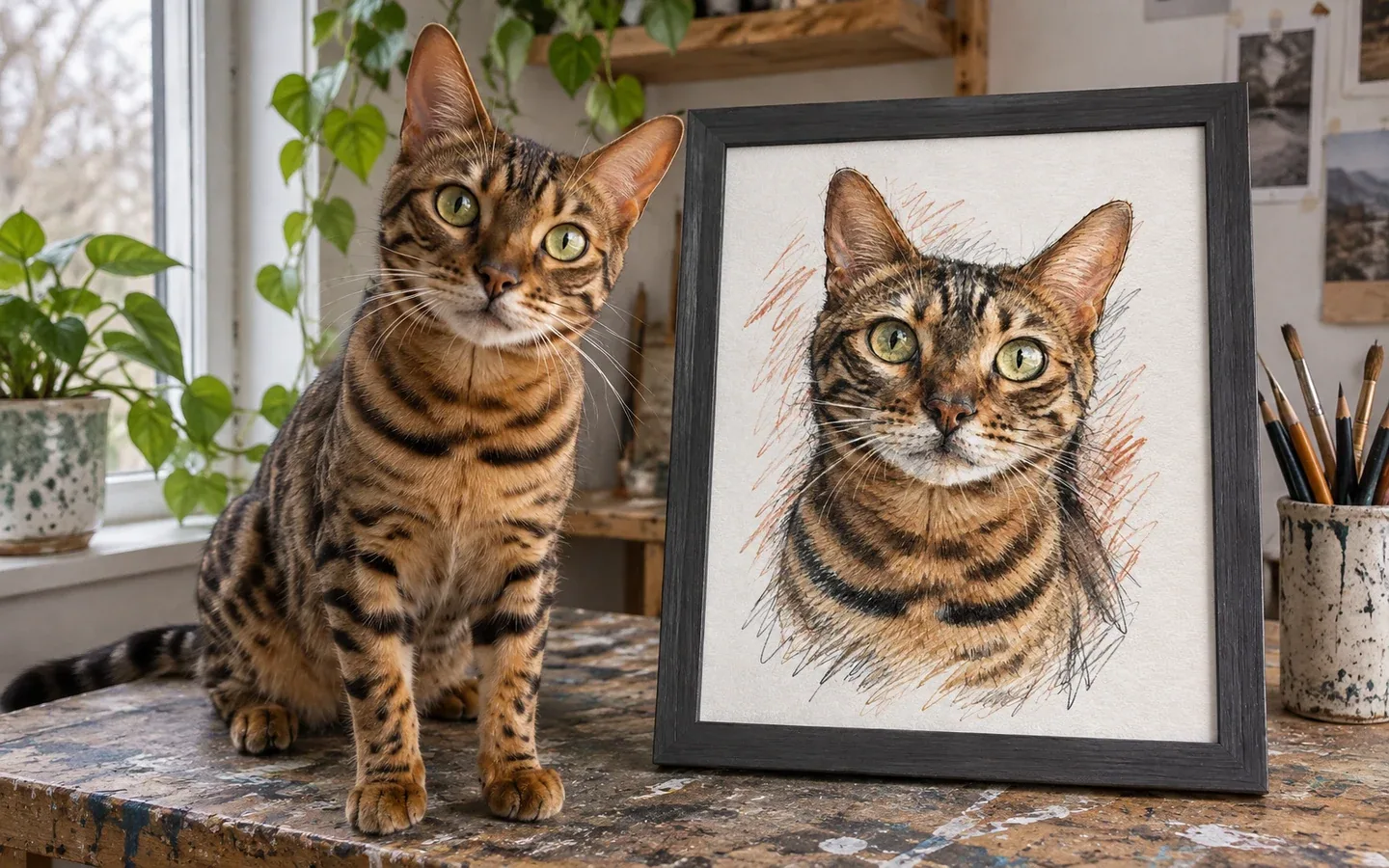 brown spotted Bengal cat beside its framed portrait in a home display