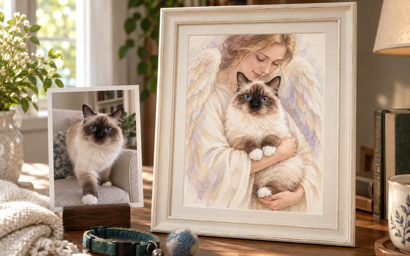 Framed Angel Embrace Memorial artwork beside a printed lifetime photo of the same Birman cat, a worn collar, felt ball and blanket in a remembrance corner