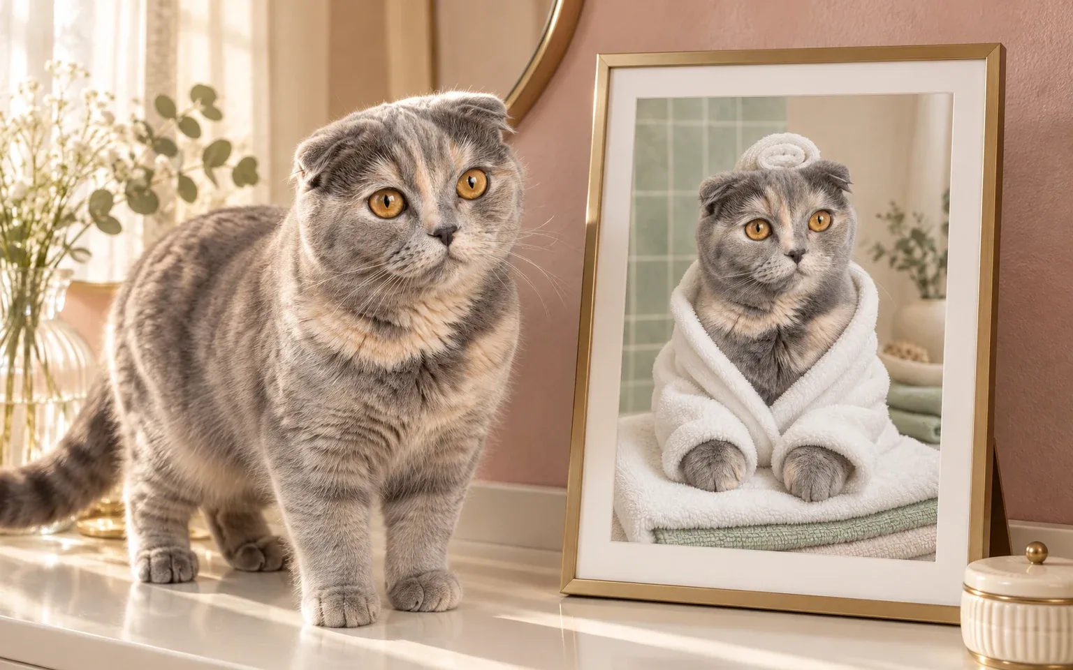 The same blue-cream scottish fold in a natural home pose beside its framed towel spa cat portrait