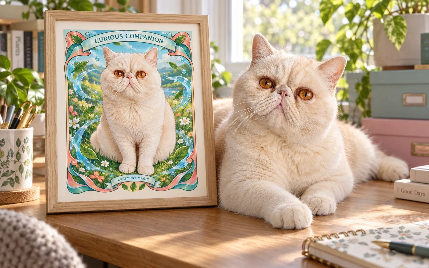 cream Exotic Shorthair cat beside its framed portrait in a home display