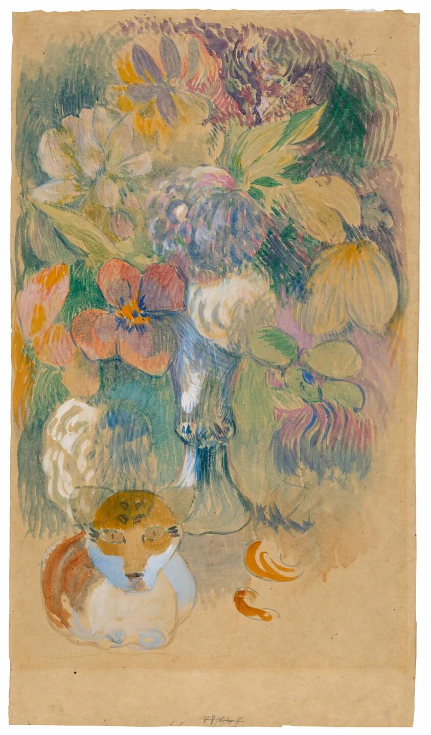 A small orange-and-white cat sits at the lower left beneath a tall vase of flowers in Gauguin's watercolor.