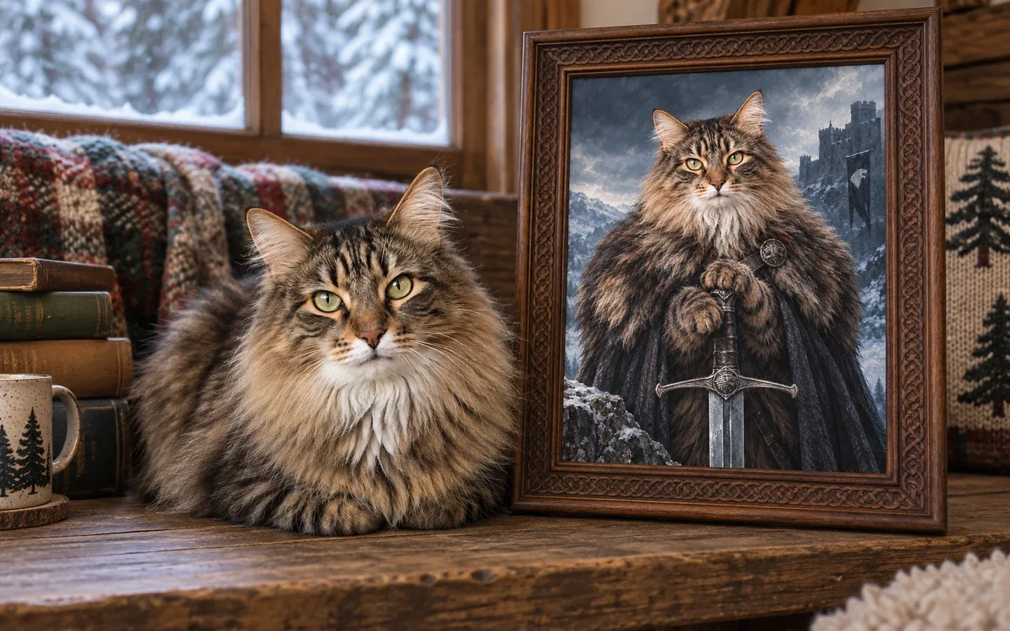 norwegian Forest cat beside its framed portrait in a home display