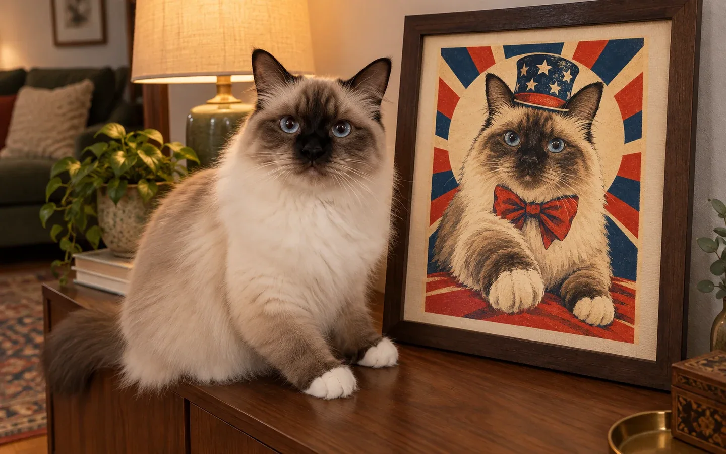 birman cat beside its framed portrait in a home display