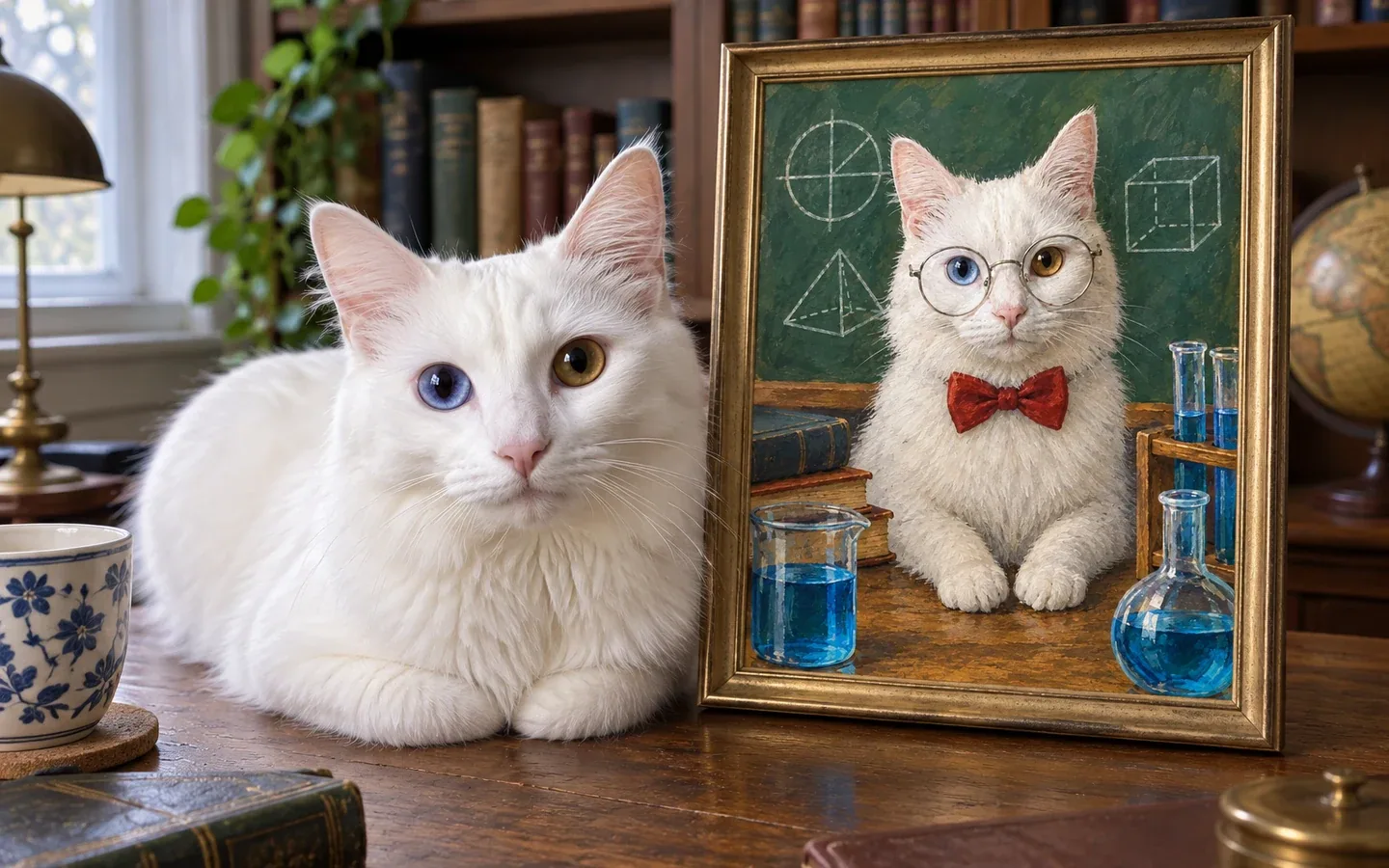 turkish Angora cat beside its framed portrait in a home display