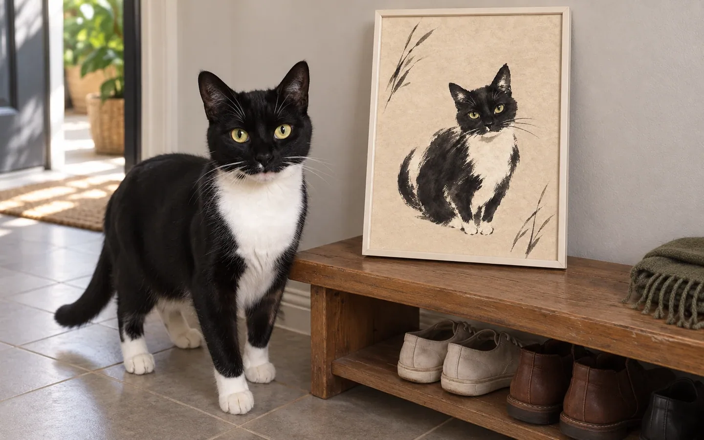 Tuxedo cat beside its framed portrait in a home display
