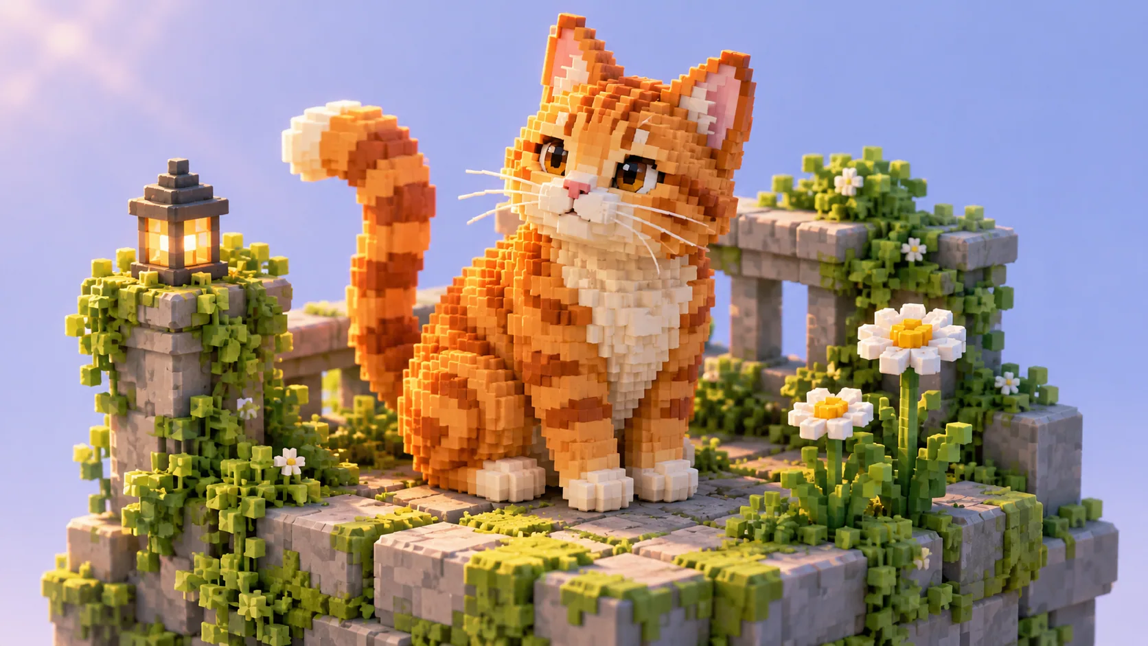 A detailed orange voxel cat in a softly lit mossy garden diorama