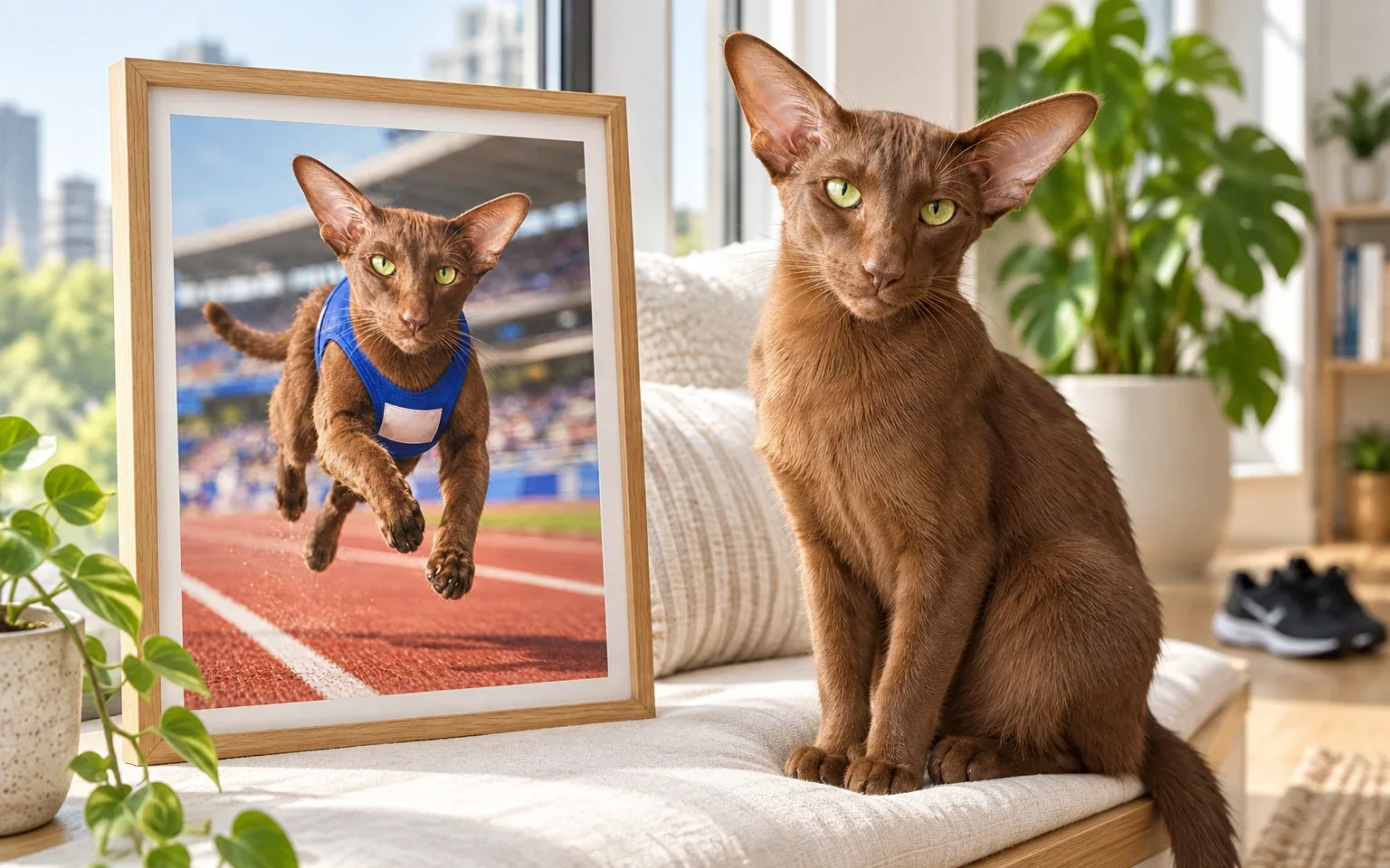 The same cinnamon Oriental Shorthair in a natural home pose beside its framed track sprint digital portrait