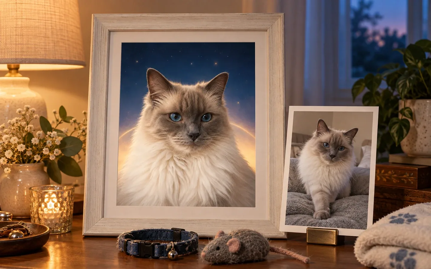 Framed Starlight Memorial artwork beside a printed lifetime photo of the same Ragdoll cat, a worn collar and knitted mouse toy on a remembrance dresser