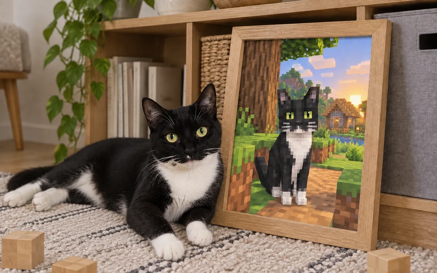 tuxedo shorthair cat beside its framed portrait in a home display