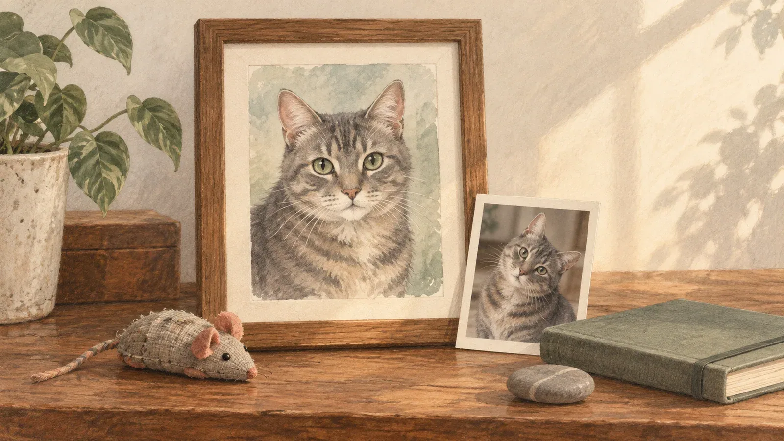 A framed tabby portrait, printed lifetime photo, old toy and memory notebook on a keepsake shelf.