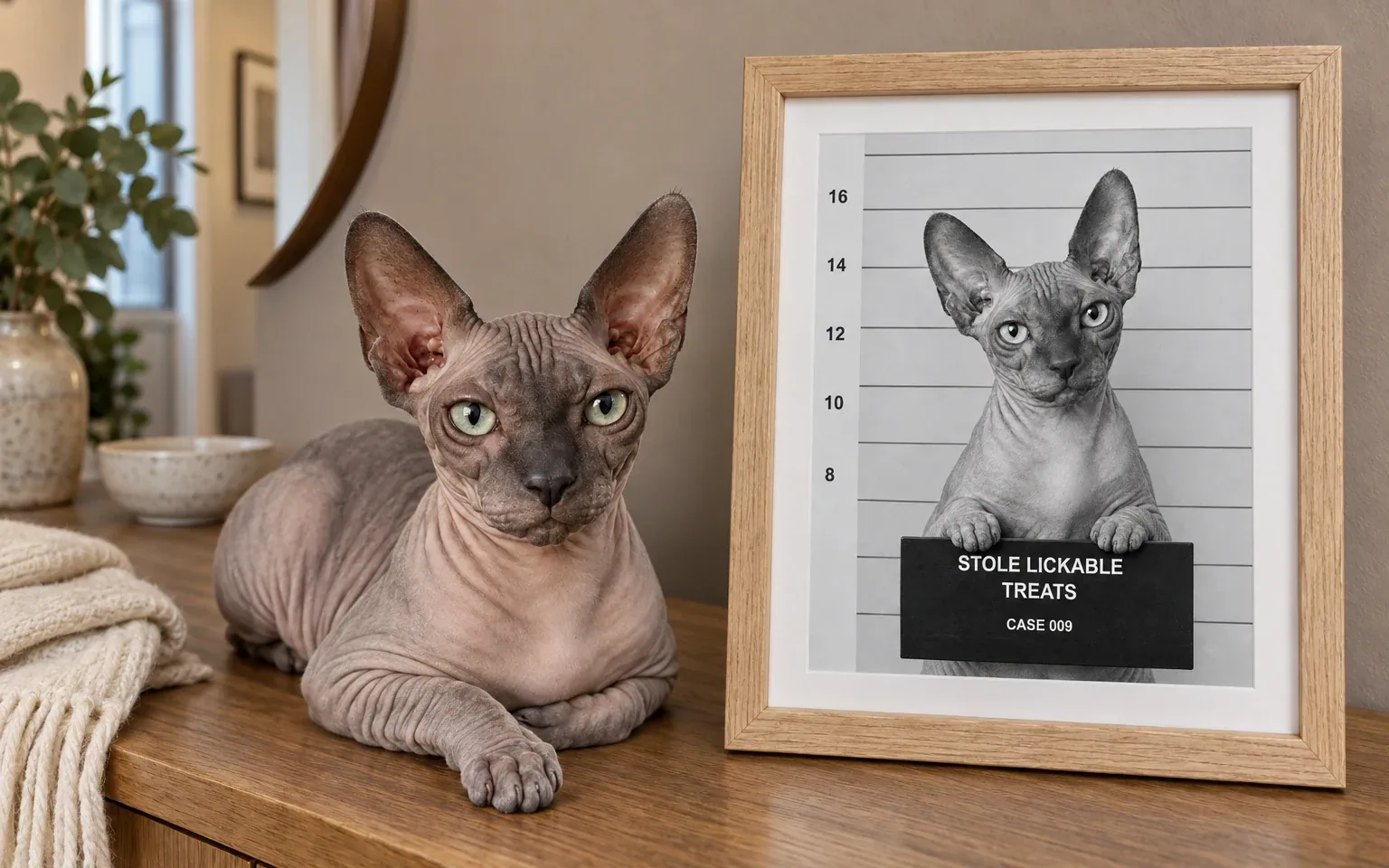 The same gray sphynx in a natural home pose beside its framed mugshot cat portrait