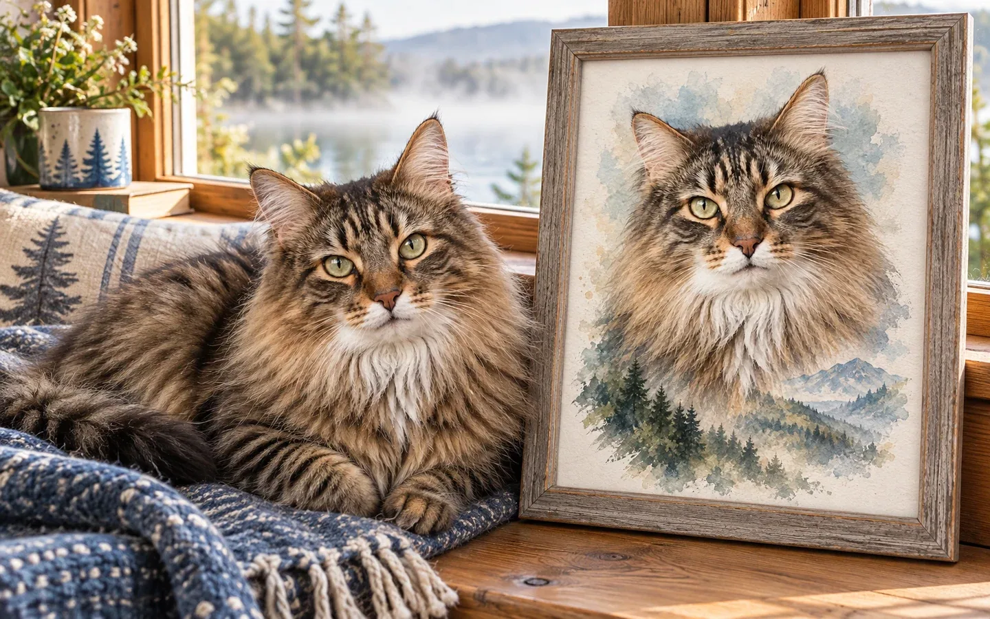 brown tabby Norwegian Forest cat beside its framed portrait in a home display