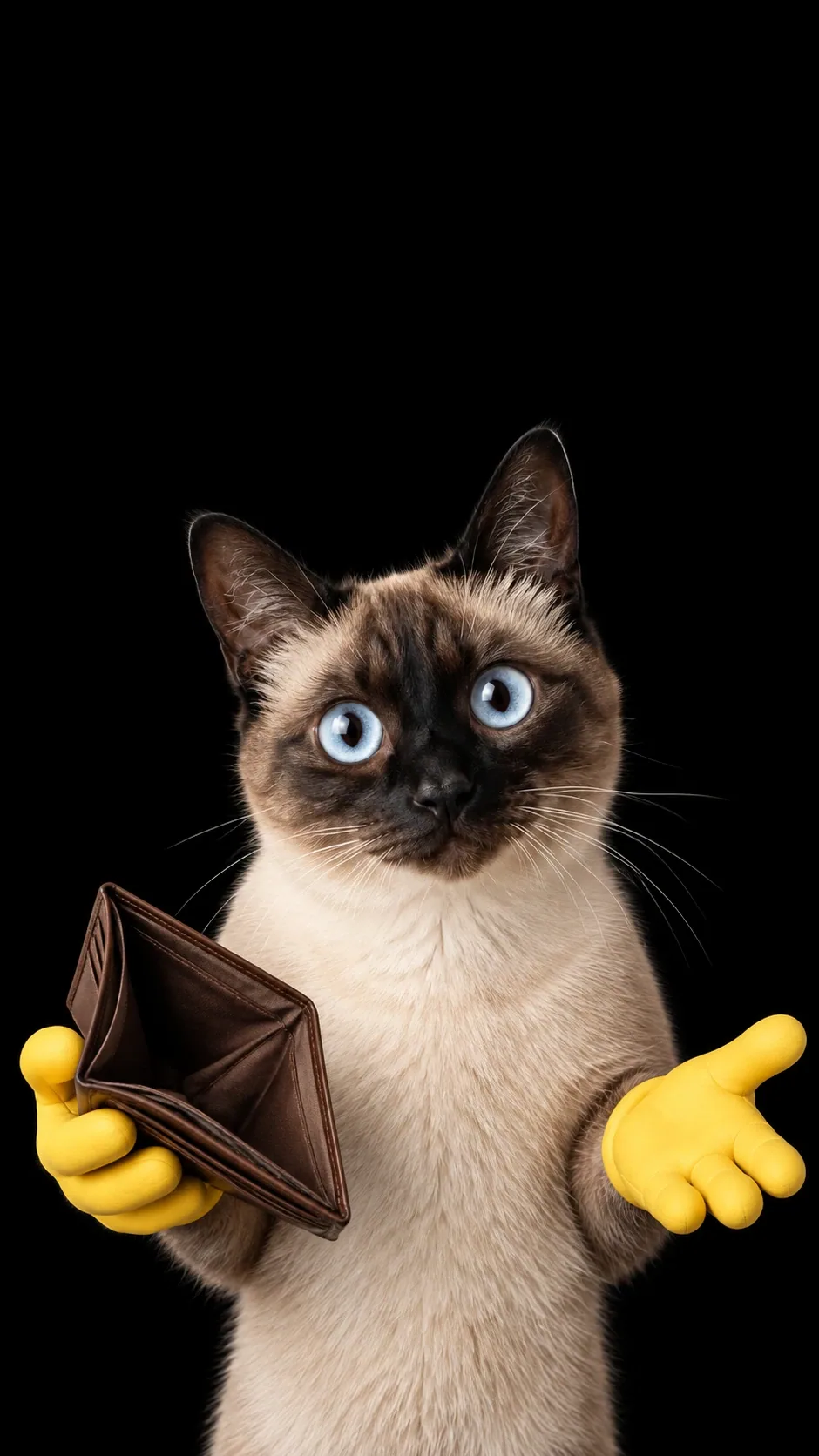 Innocent eyes, an empty wallet, and two bright yellow paw mitts tell the whole story. generated from the same cat photo