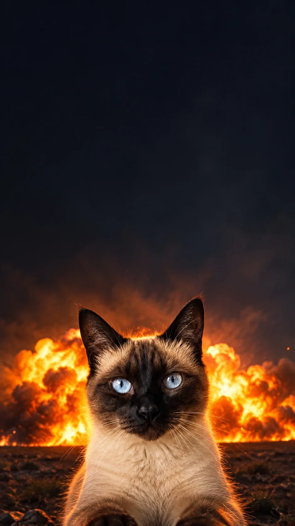 A deadpan cat selfie faces the camera while a cinematic fireball glows behind. of the same seal-point siamese