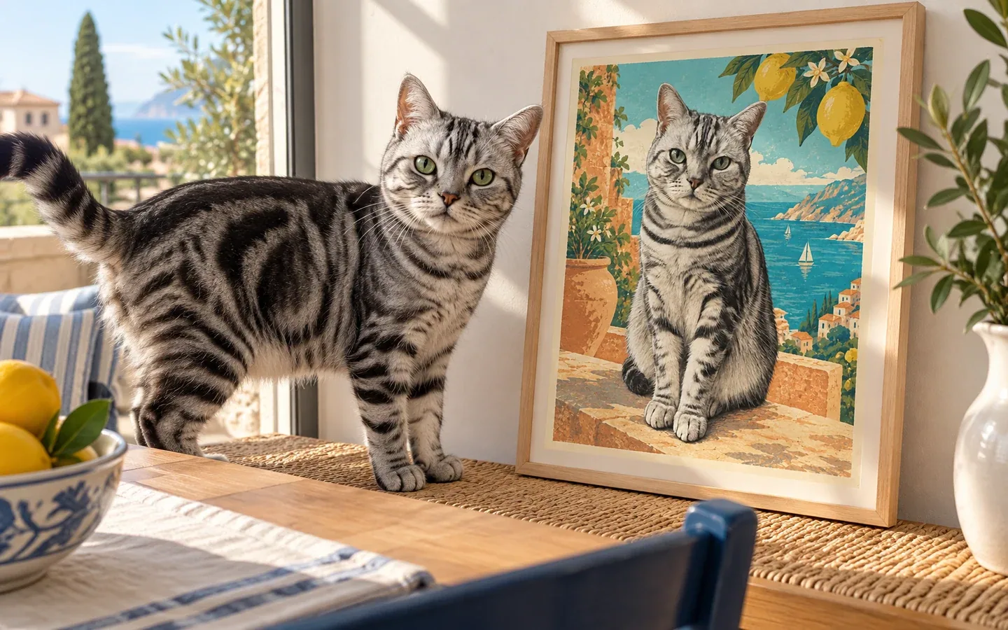 silver tabby American Shorthair cat beside its framed portrait in a home display