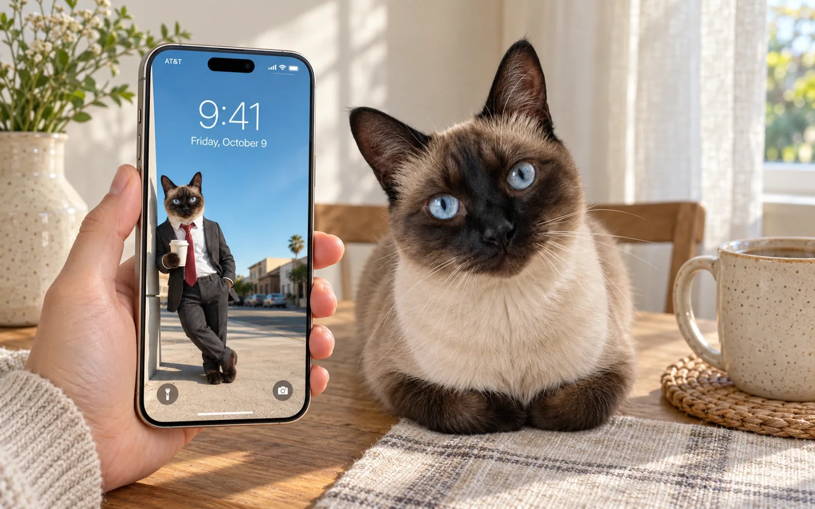 A hand-held iPhone displaying coffee break suit cat wallpaper beside the same real cat in a sunlit breakfast nook with a wooden tabletop, pale stoneware mug and linen curtains