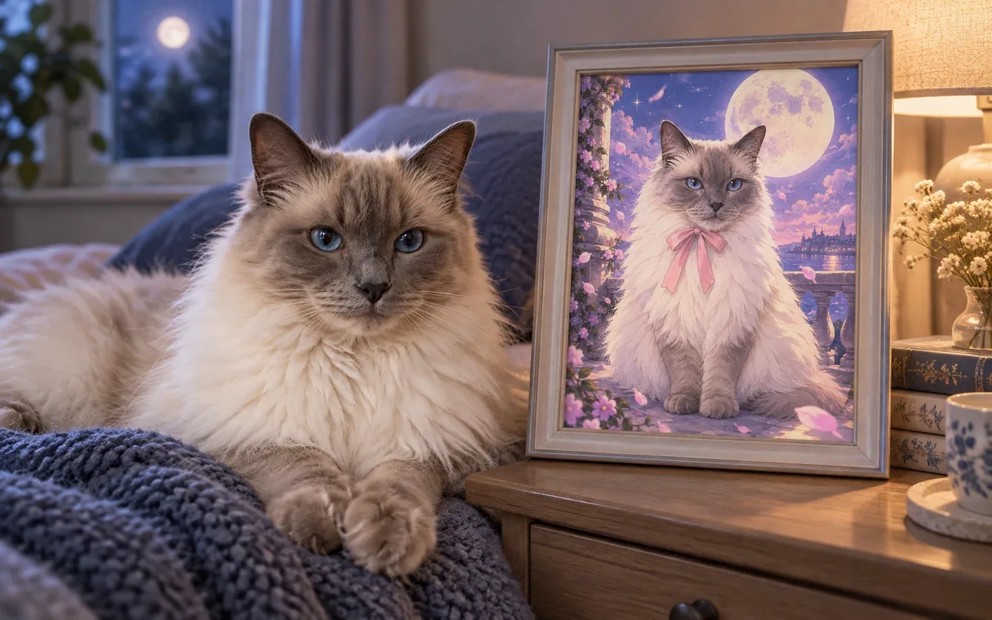 blue-point Ragdoll cat beside its framed portrait in a home display